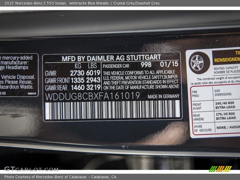 2015 S 550 Sedan Anthracite Blue Metallic Color Code 998