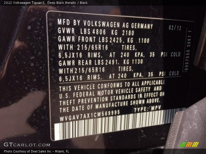 Deep Black Metallic / Black 2012 Volkswagen Tiguan S