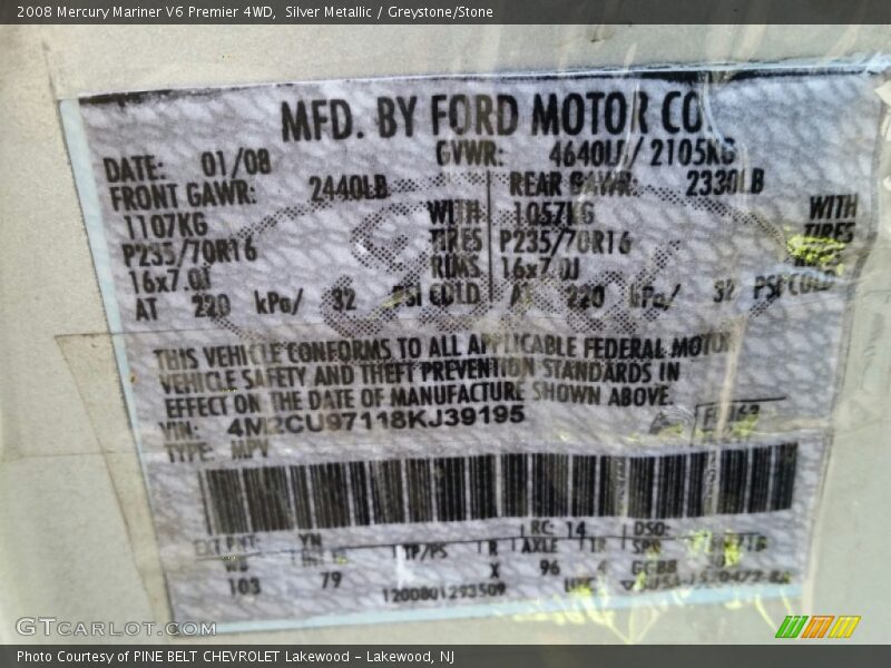 Silver Metallic / Greystone/Stone 2008 Mercury Mariner V6 Premier 4WD