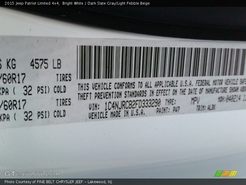 Bright White / Dark Slate Gray/Light Pebble Beige 2015 Jeep Patriot Limited 4x4