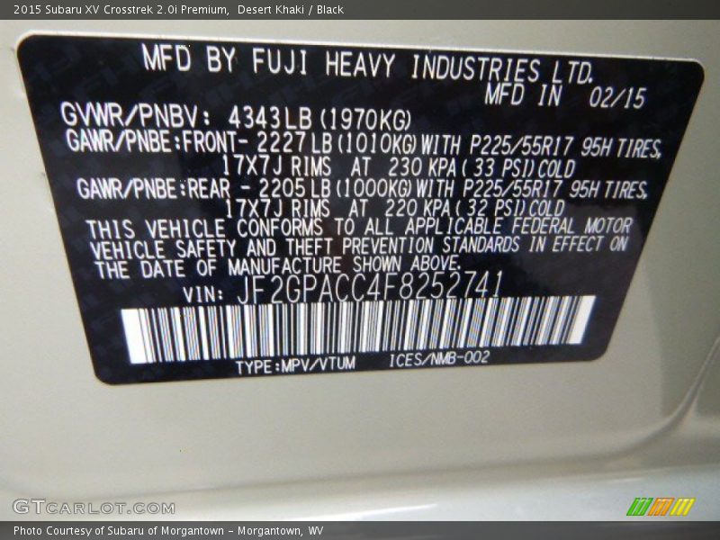 Desert Khaki / Black 2015 Subaru XV Crosstrek 2.0i Premium
