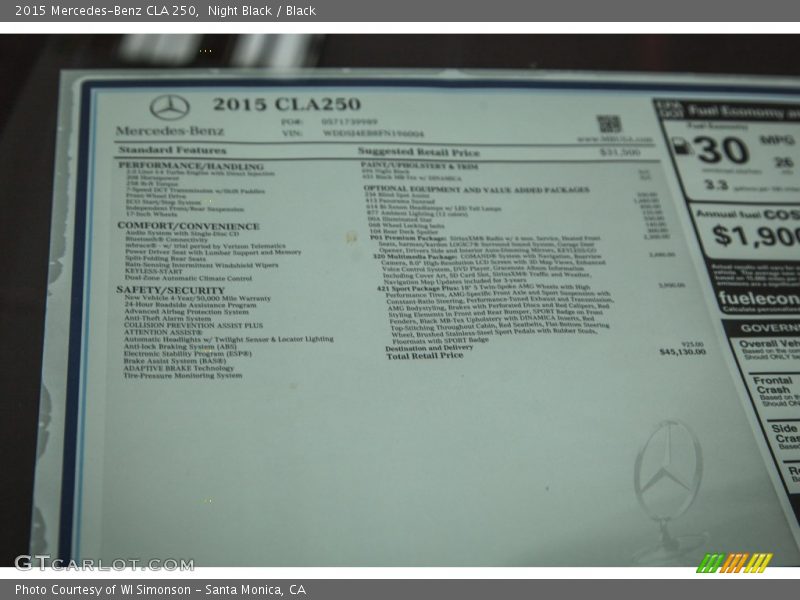  2015 CLA 250 Window Sticker