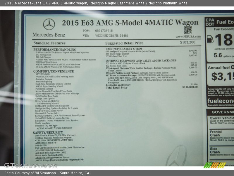  2015 E 63 AMG S 4Matic Wagon Window Sticker