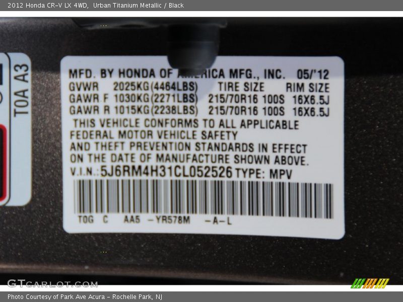 Urban Titanium Metallic / Black 2012 Honda CR-V LX 4WD