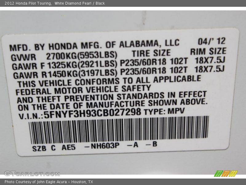 White Diamond Pearl / Black 2012 Honda Pilot Touring