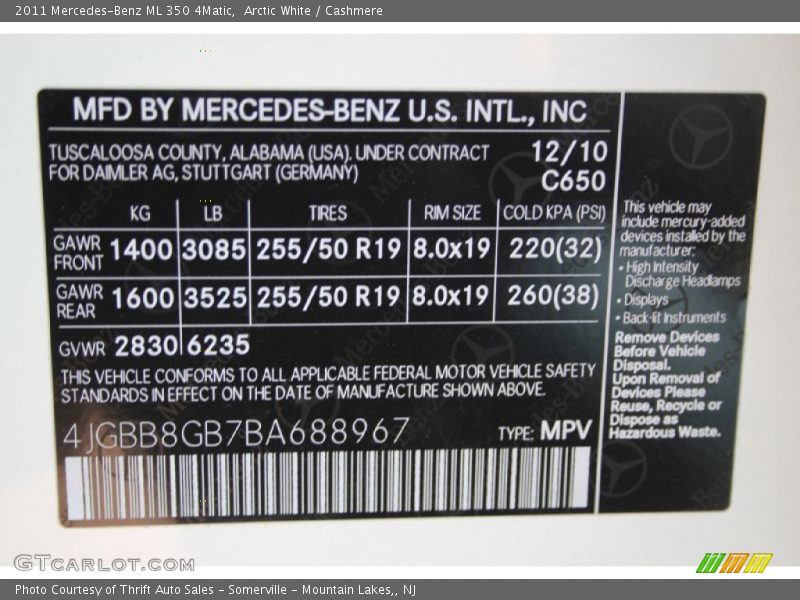 2011 ML 350 4Matic Arctic White Color Code 650