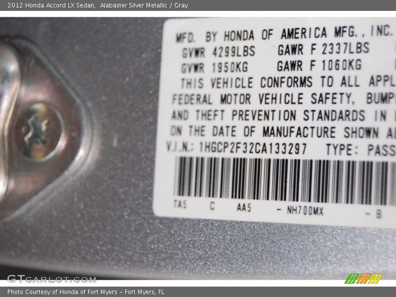 Alabaster Silver Metallic / Gray 2012 Honda Accord LX Sedan