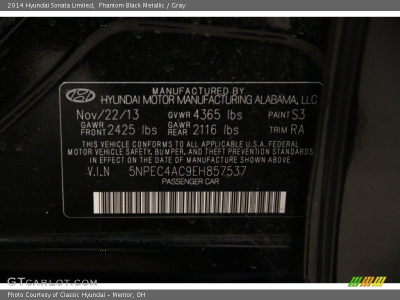 Phantom Black Metallic / Gray 2014 Hyundai Sonata Limited