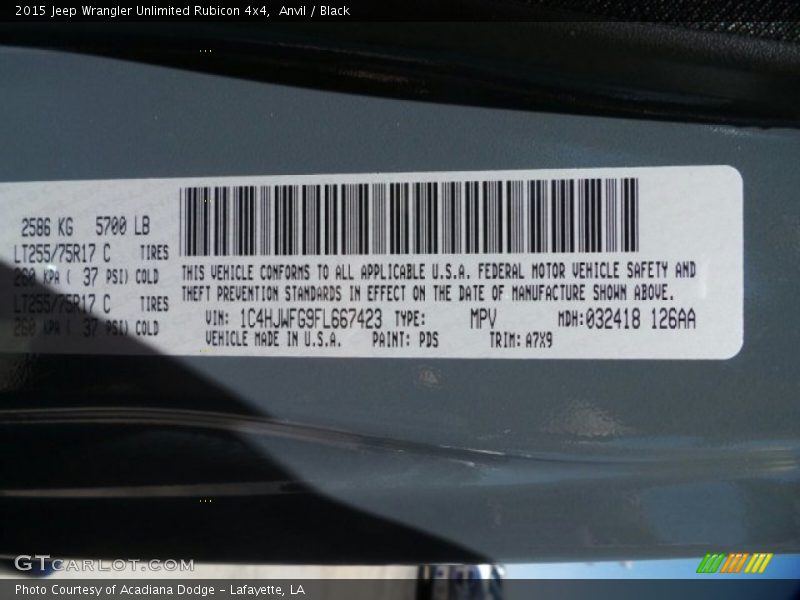 2015 Wrangler Unlimited Rubicon 4x4 Anvil Color Code PDS
