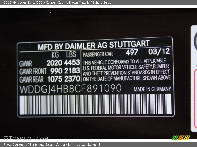2012 C 250 Coupe Cuprite Brown Metallic Color Code 497
