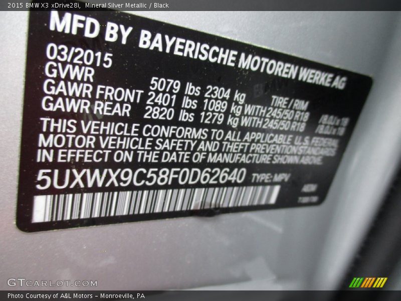 Mineral Silver Metallic / Black 2015 BMW X3 xDrive28i