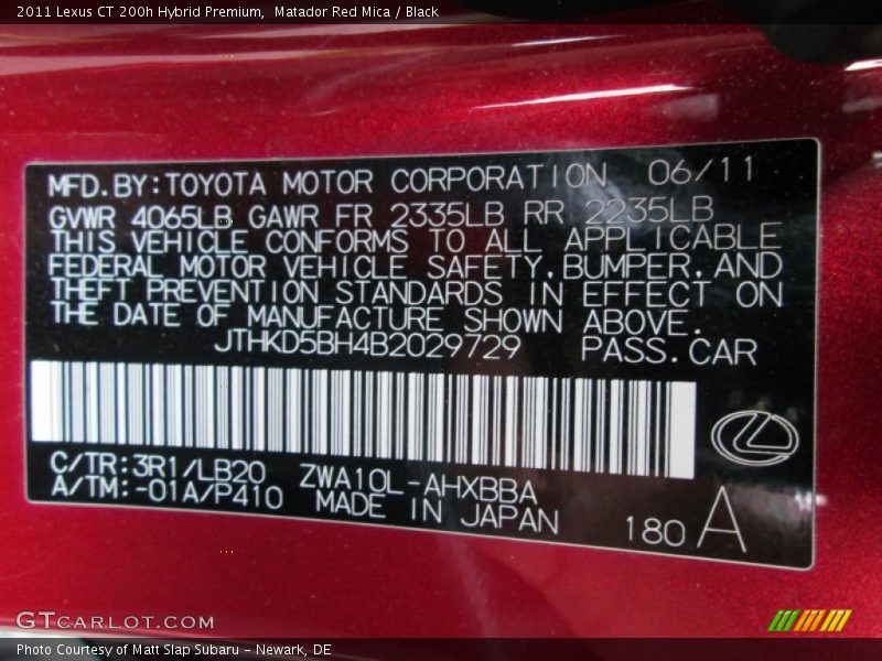 Matador Red Mica / Black 2011 Lexus CT 200h Hybrid Premium
