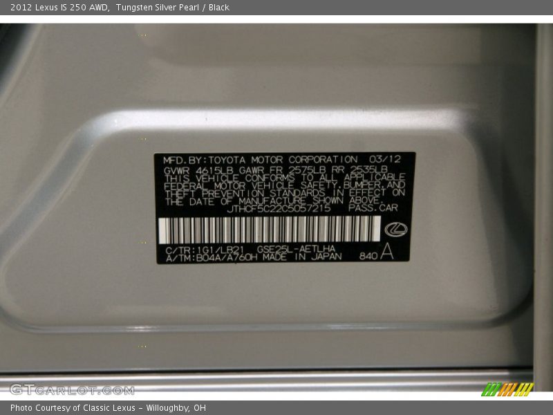 Tungsten Silver Pearl / Black 2012 Lexus IS 250 AWD
