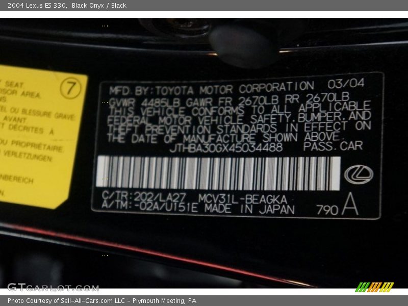 Black Onyx / Black 2004 Lexus ES 330