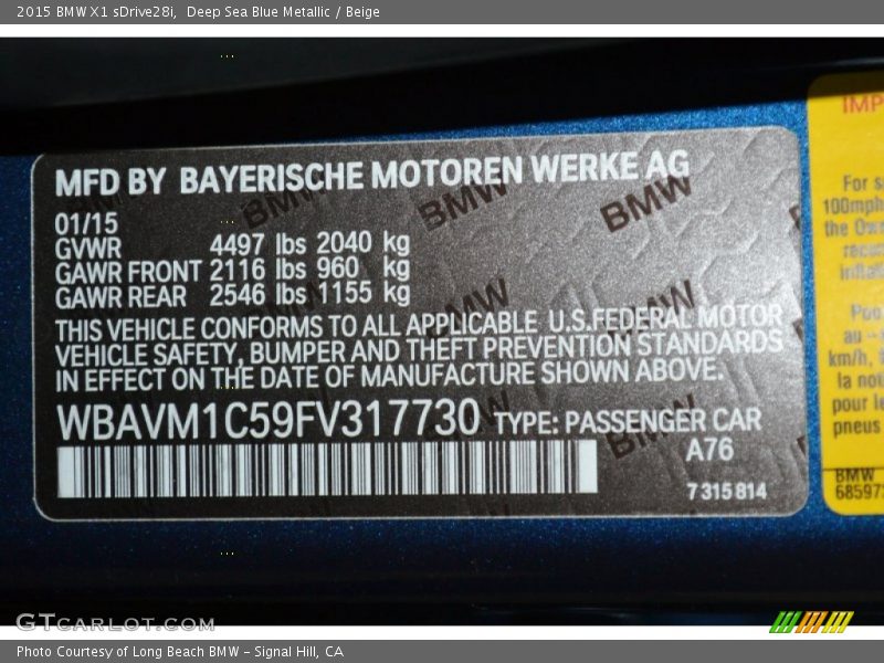 2015 X1 sDrive28i Deep Sea Blue Metallic Color Code A76