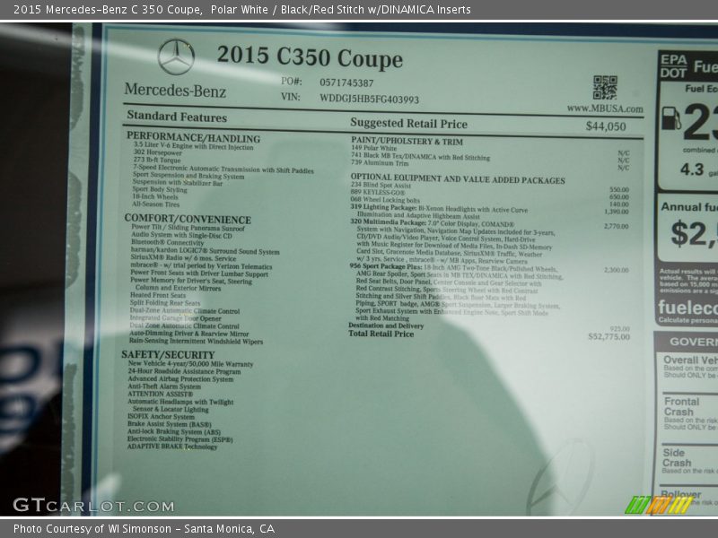 2015 C 350 Coupe Window Sticker