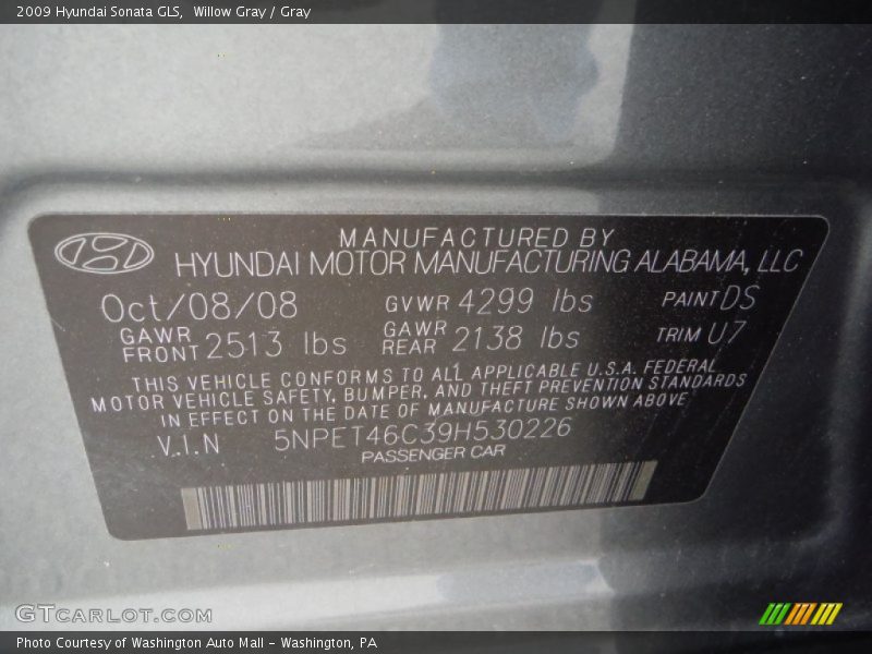 Willow Gray / Gray 2009 Hyundai Sonata GLS