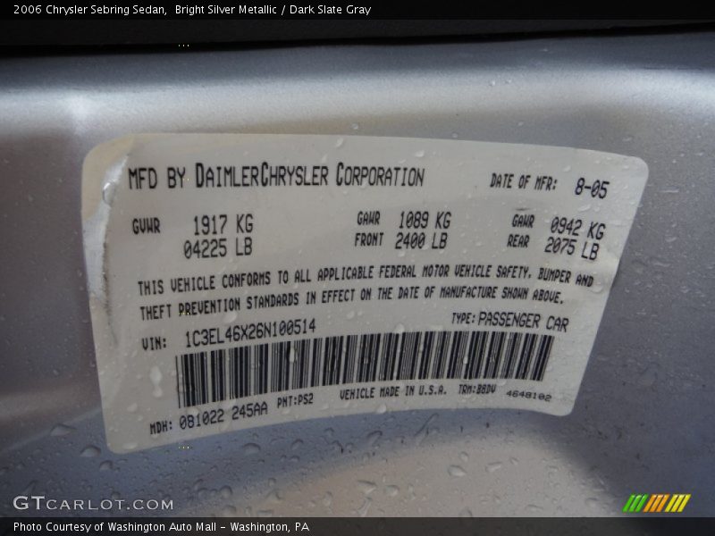 Bright Silver Metallic / Dark Slate Gray 2006 Chrysler Sebring Sedan