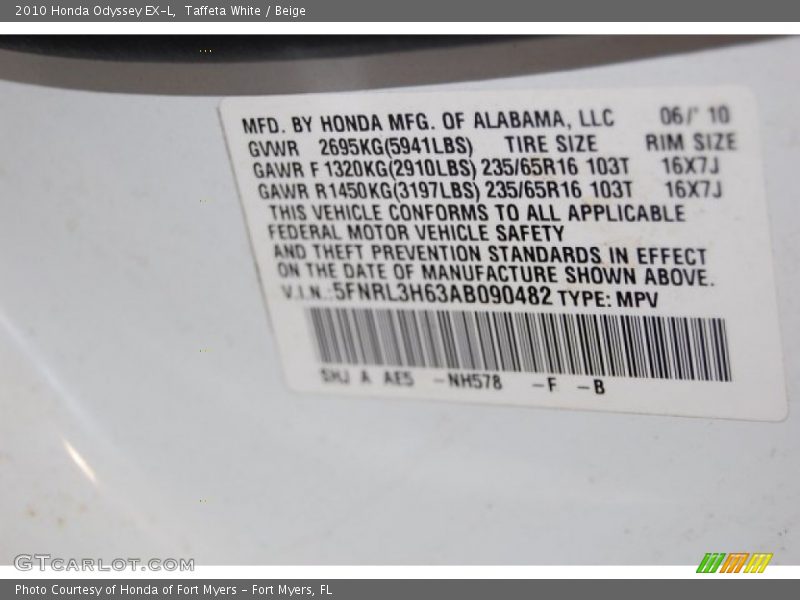 Taffeta White / Beige 2010 Honda Odyssey EX-L