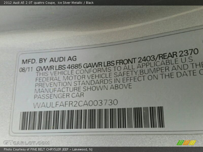 Ice Silver Metallic / Black 2012 Audi A5 2.0T quattro Coupe