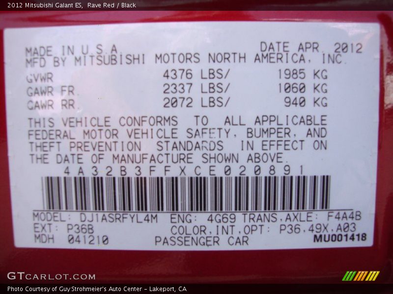 Rave Red / Black 2012 Mitsubishi Galant ES