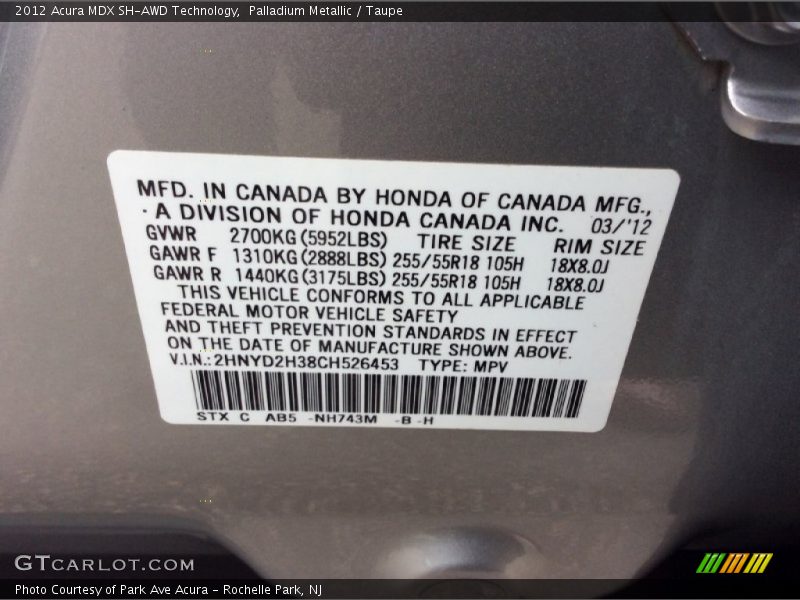 Palladium Metallic / Taupe 2012 Acura MDX SH-AWD Technology