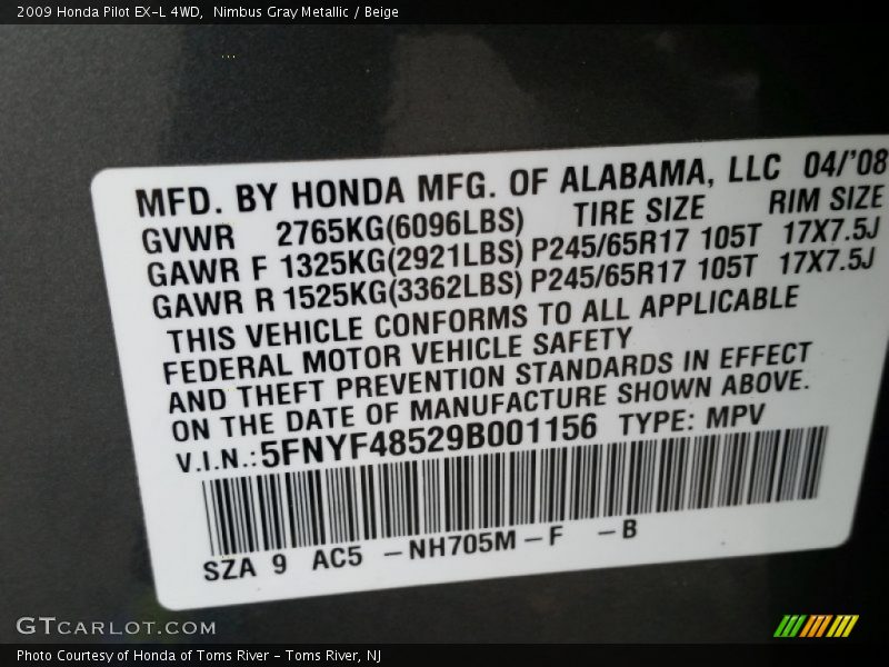 Nimbus Gray Metallic / Beige 2009 Honda Pilot EX-L 4WD