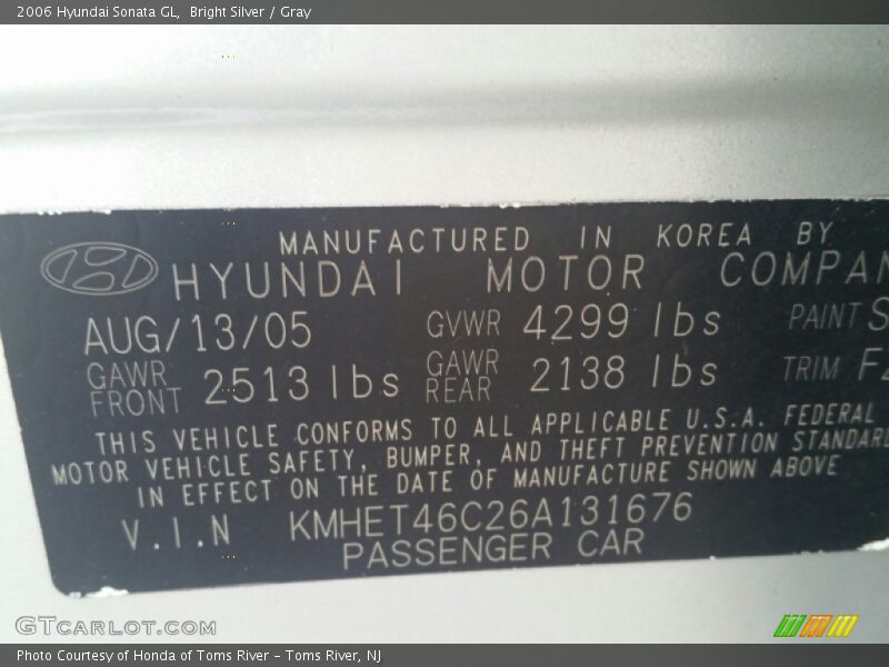 Bright Silver / Gray 2006 Hyundai Sonata GL