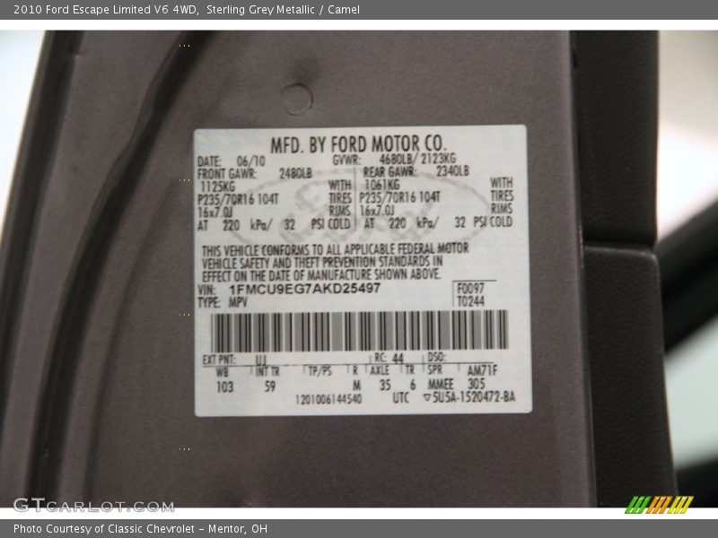 Sterling Grey Metallic / Camel 2010 Ford Escape Limited V6 4WD