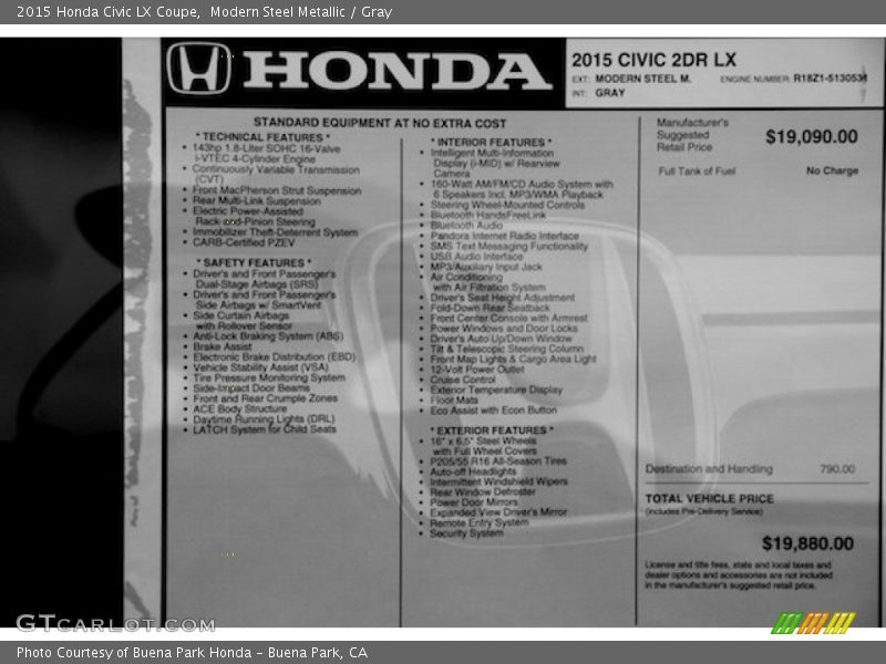 Modern Steel Metallic / Gray 2015 Honda Civic LX Coupe
