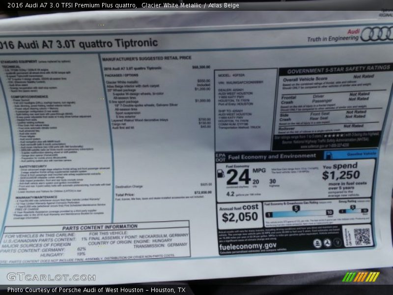  2016 A7 3.0 TFSI Premium Plus quattro Window Sticker