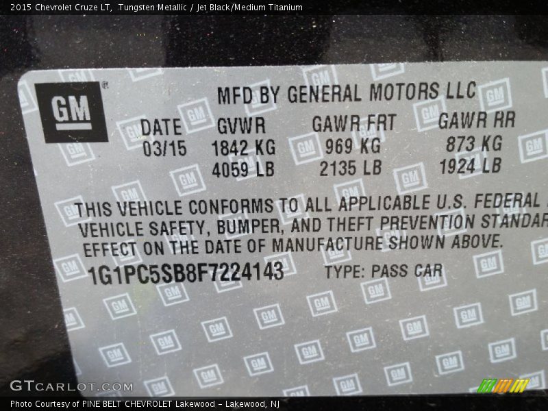 Tungsten Metallic / Jet Black/Medium Titanium 2015 Chevrolet Cruze LT