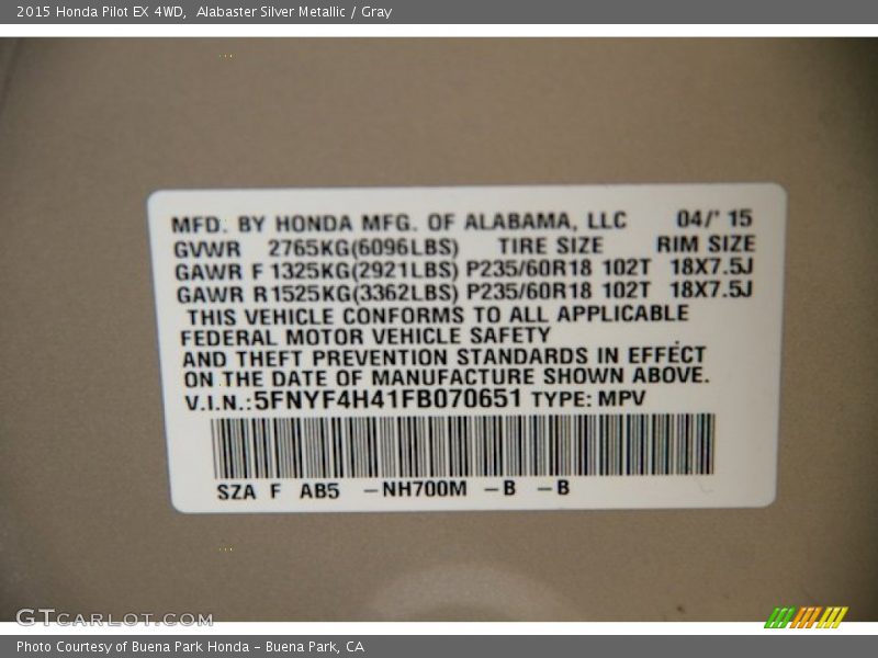 Alabaster Silver Metallic / Gray 2015 Honda Pilot EX 4WD