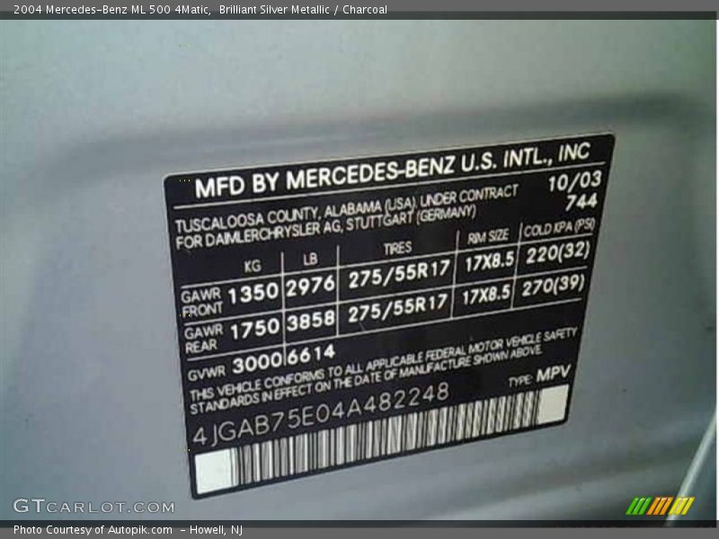 Brilliant Silver Metallic / Charcoal 2004 Mercedes-Benz ML 500 4Matic