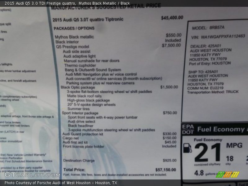  2015 Q5 3.0 TDI Prestige quattro Window Sticker
