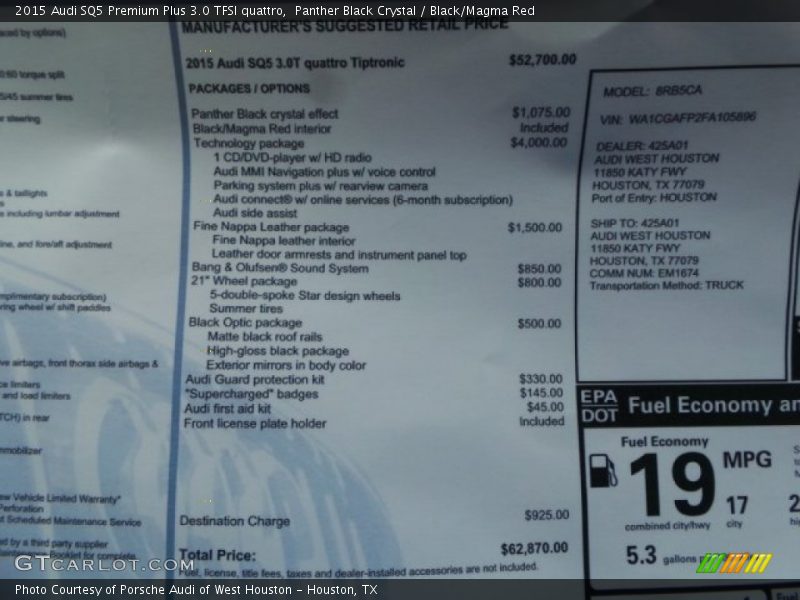 Panther Black Crystal / Black/Magma Red 2015 Audi SQ5 Premium Plus 3.0 TFSI quattro