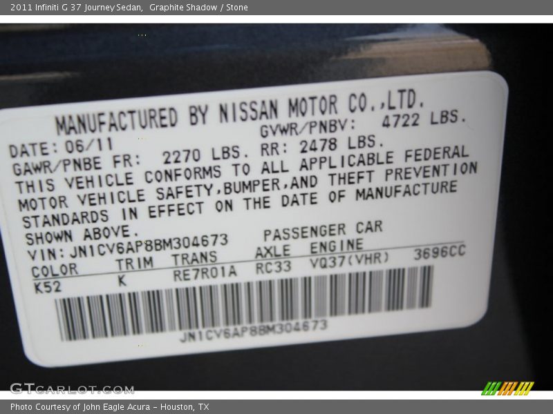 Graphite Shadow / Stone 2011 Infiniti G 37 Journey Sedan