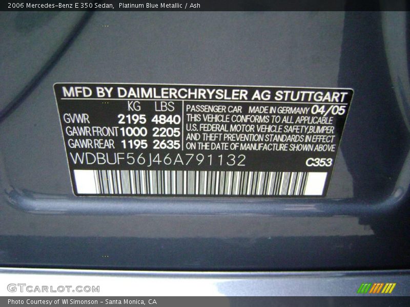 Platinum Blue Metallic / Ash 2006 Mercedes-Benz E 350 Sedan