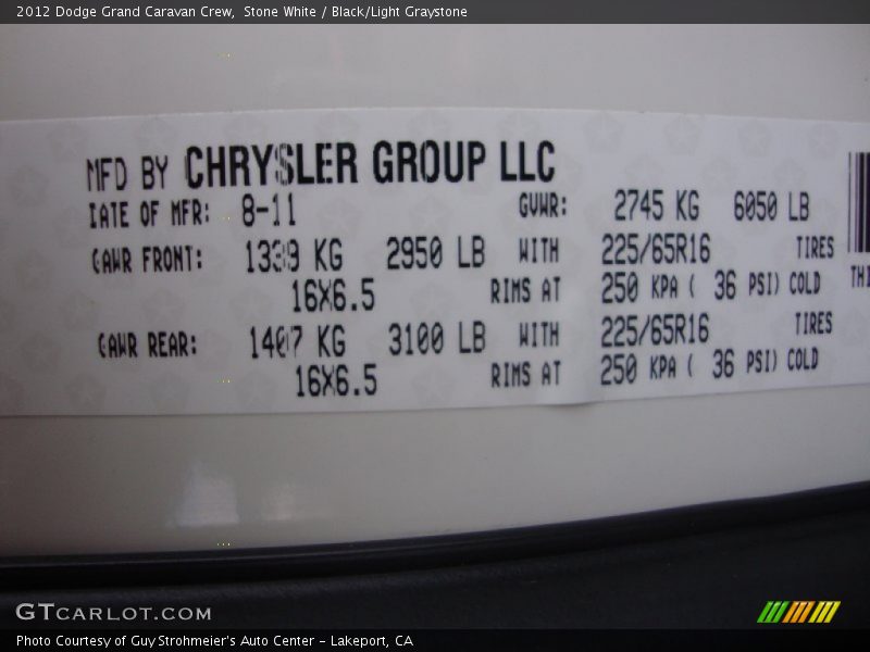 Stone White / Black/Light Graystone 2012 Dodge Grand Caravan Crew