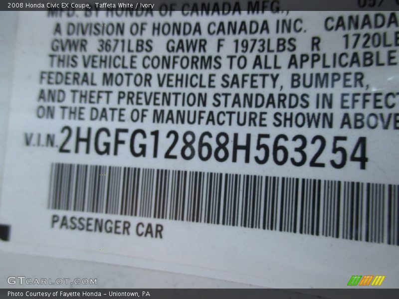 Taffeta White / Ivory 2008 Honda Civic EX Coupe