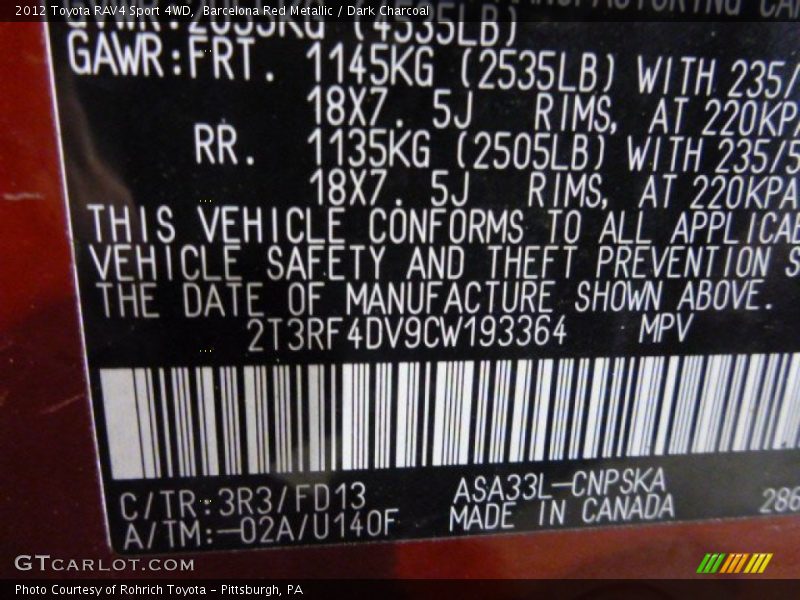 Barcelona Red Metallic / Dark Charcoal 2012 Toyota RAV4 Sport 4WD