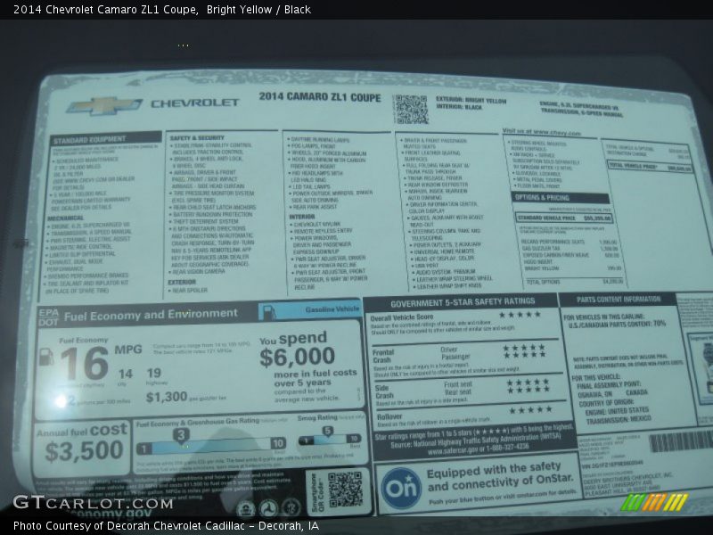  2014 Camaro ZL1 Coupe Window Sticker