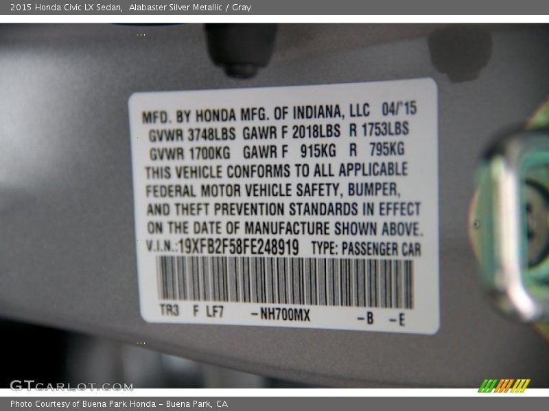 Alabaster Silver Metallic / Gray 2015 Honda Civic LX Sedan