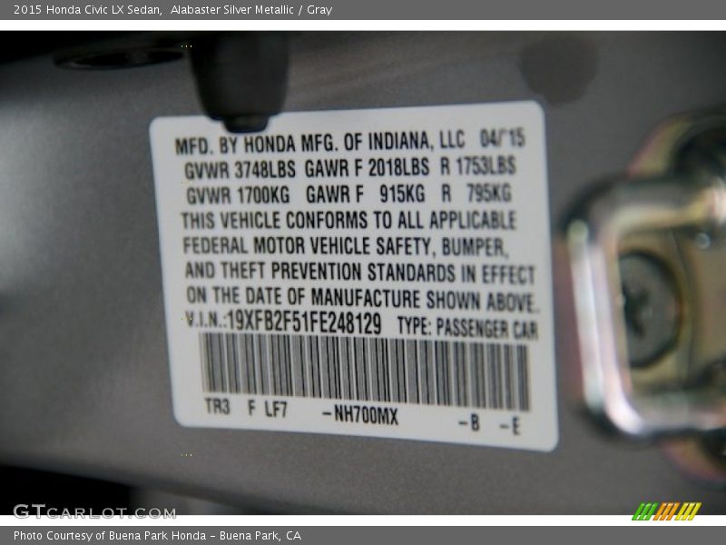 Alabaster Silver Metallic / Gray 2015 Honda Civic LX Sedan