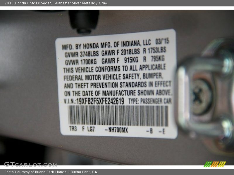 Alabaster Silver Metallic / Gray 2015 Honda Civic LX Sedan