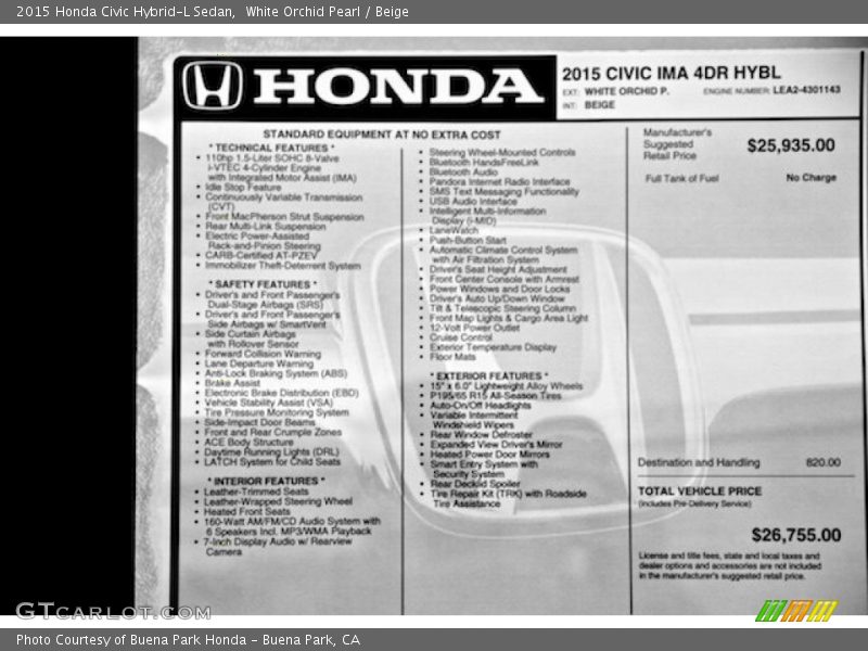 White Orchid Pearl / Beige 2015 Honda Civic Hybrid-L Sedan