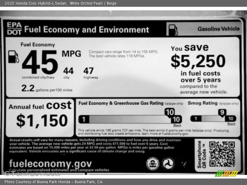 White Orchid Pearl / Beige 2015 Honda Civic Hybrid-L Sedan