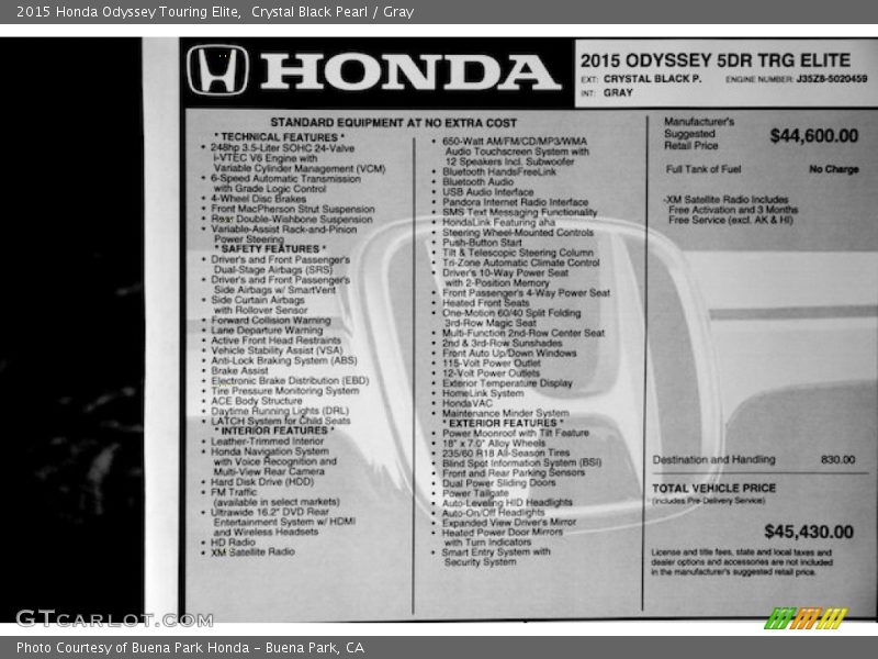 Crystal Black Pearl / Gray 2015 Honda Odyssey Touring Elite