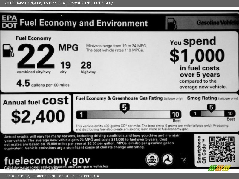 Crystal Black Pearl / Gray 2015 Honda Odyssey Touring Elite