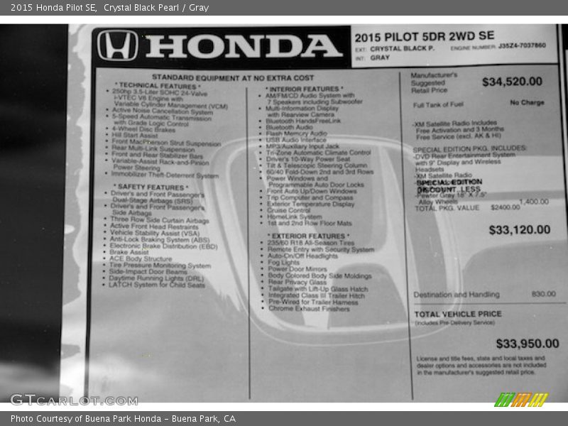 Crystal Black Pearl / Gray 2015 Honda Pilot SE